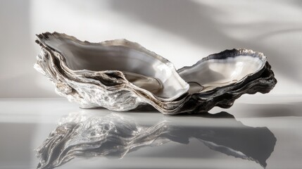 Poster - Elegant oyster shells reflecting light on a smooth surface showcasing natural textures and colors for culinary or decorative use.