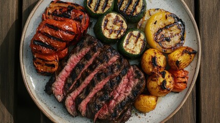 Poster - Overhead view of grilled steak accompanied by a colorful assortment of charred vegetables on a rustic plate