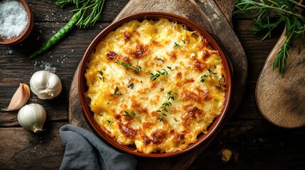 Poster - Overhead view of a delicious golden baked casserole featuring creamy cheese and fresh herbs on a rustic wooden table