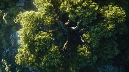 Poster - Aerial perspective showcasing a lush willow tree with vibrant green foliage in a serene natural setting.