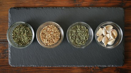Poster - Overhead view of glass bowls containing garlic and herb spices arranged on gray slate against a dark wood table background