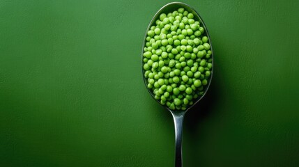 Poster - Overhead view of vibrant frozen peas arranged in a stainless steel spoon against a textured green background