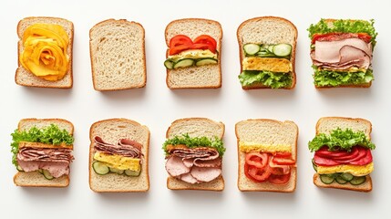 Poster - Overhead arrangement of colorful sandwiches with fresh ingredients on a white background showcasing culinary creativity and variety