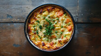 Poster - Deliciously baked vegetable casserole topped with fresh herbs in a rustic bowl on wooden table top view