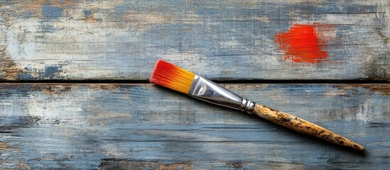 Aufkleber - Paint brush on rustic wooden surface with vibrant color splash for artistic inspiration and creative project ideas