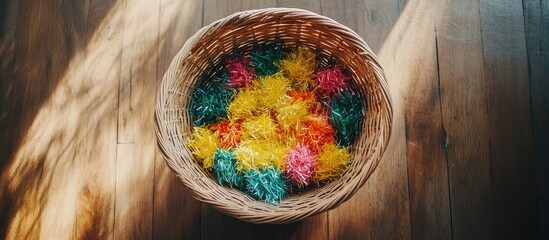 Aufkleber - Empty Easter basket filled with colorful grass and decorations ideal for holiday planning and celebration inspiration on wooden background
