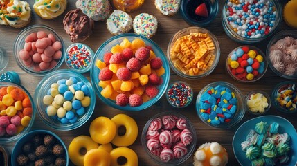 Poster - Colorful assortment of sweet treats in glass bowls on wooden table showcasing candies, desserts, and pastries perfect for celebrations