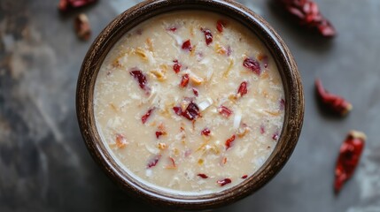 Poster - Detailed aerial view of flavorful coconut soup garnished with vibrant red chiles on a rustic background for culinary presentations.