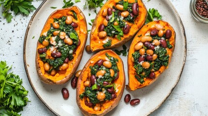 Poster - Stuffed sweet potatoes with spinach, beans, and flavorful sauce on a rustic plate garnished with fresh herbs