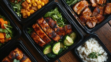 Poster - Overhead view of diverse healthy lunch boxes featuring grilled meats and fresh vegetables on a rustic wooden table