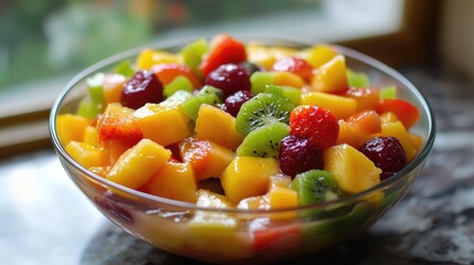 Poster - Colorful Fresh Fruit Salad with Kiwi Raspberry and Mango in a Bowl on Kitchen Counter with Natural Light