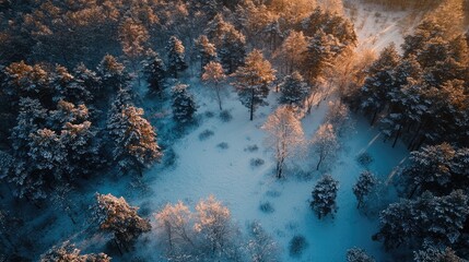 Poster - Winter sunset over a snowy landscape with frosty trees casting shadows in a serene and picturesque forest scene
