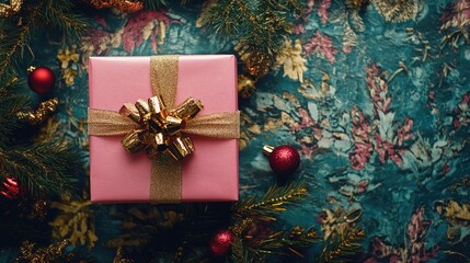 Poster - Overhead view of a pink gift box with gold ribbon on a beautifully decorated background ideal for holiday celebrations and special occasions