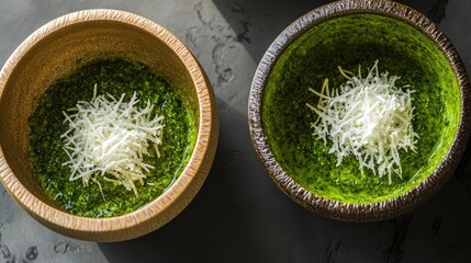 Poster - Overhead view of fresh pesto and shaved cheese in wooden bowls on a dark textured surface