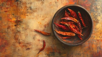 Poster - Overhead view of dried chili peppers in a rustic bowl on a textured background showcasing warm earthy tones
