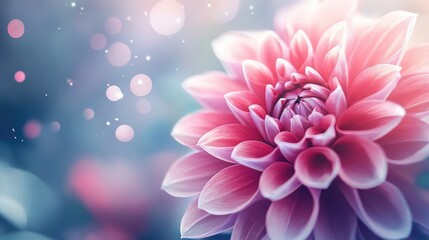 Poster - Vibrant pink dahlia flower blooming in a serene garden setting with soft bokeh background and gentle light effects.