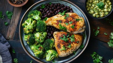 Poster - Healthy dinner plate with roasted chicken, broccoli, black beans, and herbs on a rustic wooden table. Nutrient-rich meal concept.