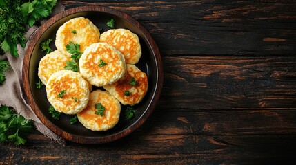Poster - Baked cottage cheese pancakes arranged on a dark wooden table with fresh parsley and space for text in a rustic kitchen setting