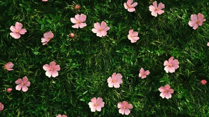 Poster - Delicate pink Cosmea flowers blooming on lush green grass creating a vibrant natural landscape in springtime serenity
