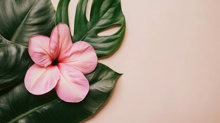Aufkleber - Pink tropical flower with lush green leaves on soft pastel background for nature and floral themed designs and decorations
