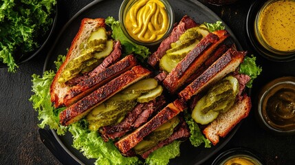 Poster - Overhead view of open sandwiches garnished with pickles lettuce mustard served on a black plate for a delicious meal presentation