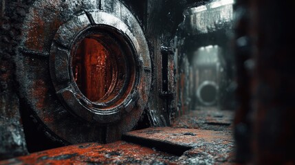 Poster - Rusty industrial corridor with oxidized surfaces and weathered metal textures creating an atmospheric, abandoned setting for visuals.