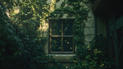 Poster - Overgrown ivy window with vibrant greenery surrounding an old stone cottage in soft natural light