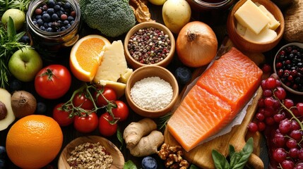 Poster - Overhead view of fresh ingredients including fruits, vegetables, herbs, and fish on a wooden surface for healthy cooking and meal preparation