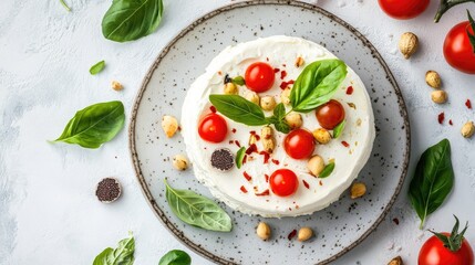 Poster - Overhead view of a gourmet cheese dish with cream, cherry tomatoes, fresh basil, truffles, and peanuts on a rustic plate