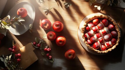 Poster - Overhead view of fresh red apples and homemade apple pie on wooden countertop with natural lighting and decorative foliage