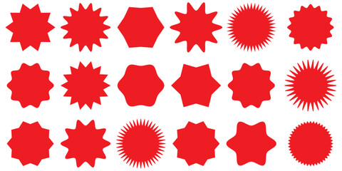 Print Red starburst sticker set. Price sticker, sale sticker, price tag, starburst, quality mark, retro silhouette. Sunburst retro sale badge, quality signs, sale icons. star blank label