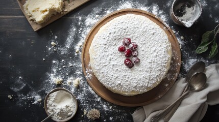 Poster - Overhead view of a decorated dessert with powdered sugar and fresh berries on a wooden table background