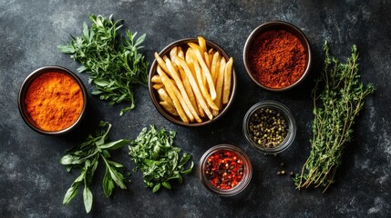 Poster - Overhead view of seasoned fries with fresh herbs and spices on a textured dark background