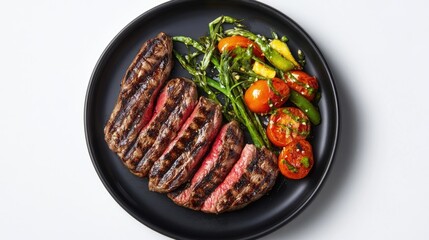 Aufkleber - Grilled steak slices with fresh vegetables arranged on a black plate showcasing a delicious overhead culinary presentation