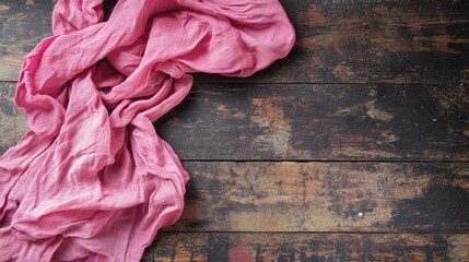 Aufkleber - Crumpled pink cotton fabric draped on rustic dark brown wooden surface for textile and fashion design backgrounds