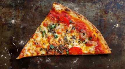 Poster - Overhead view of a delicious slice of traditional pizza garnished with fresh herbs and vegetables on a rustic baking sheet