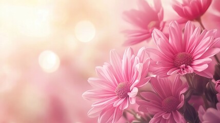 Poster - Soft pink chrysanthemum flowers in a serene natural background with warm bokeh lighting for floral and nature-themed design projects.