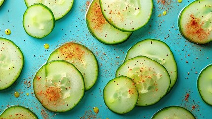 Poster - Sliced cucumbers arranged on a vibrant blue background with sprinkled spices creating a fresh and appetizing culinary theme.