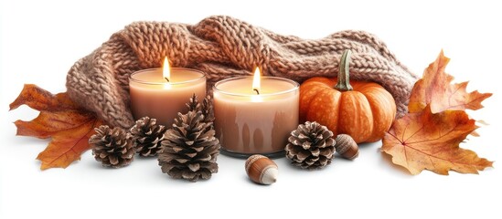 Fototapete - Warm autumn ambiance with burning candles cozy scarf pumpkins and natural decor elements on a bright white background