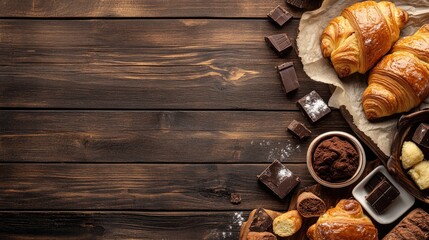 Poster - Freshly baked croissants and sweet pastries with chocolate on rustic wooden table, perfect for bakery and dessert-themed projects.