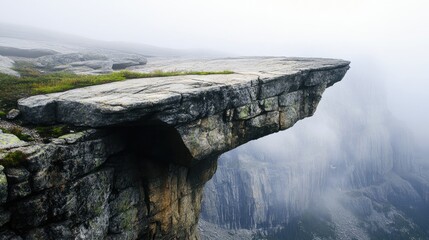 Poster - Misty Mountain Overhang with Incredible View of Fog and Scenic Meadows in Serene Natural Landscape