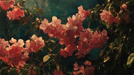 Poster - Close-up view of vibrant pink Mussaenda flowers against a textured dark background showcasing their delicate petals and lush green leaves