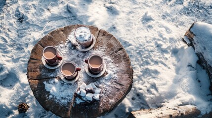 Aufkleber - Overhead view of mugs of hot chocolate on rustic wooden table surrounded by snow in winter wonderland setting
