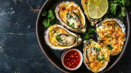 Poster - Oyster Omelette garnished with fresh herbs and lime served with spicy hot sauce on a rustic wooden table