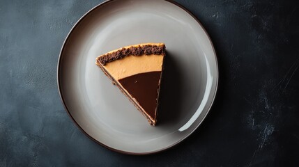Poster - Overhead view of a delicious layered chocolate and caramel cake slice on a minimalist plate against a dark background