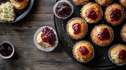 Poster - Overhead view of freshly baked muffins topped with sweet jam on rustic wooden background