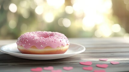 Poster - Pink frosted donut on a white plate with scattered hearts on a rustic wooden table creating a romantic and sweet atmosphere