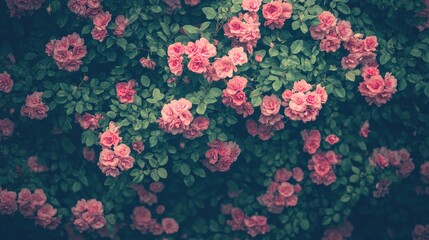 Poster - Pink artificial roses floral background close-up textured design with lush green leaves for elegant decor and creative projects