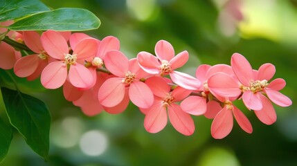 Poster - Delicate Pink Coral Vine Flowers Against a Soft Green Background in Nature's Vibrant Palette