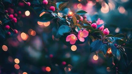 Aufkleber - Enchanting Floral Background with Pink Blossoms and Glowing Bokeh Lights for Romantic and Serene Designs